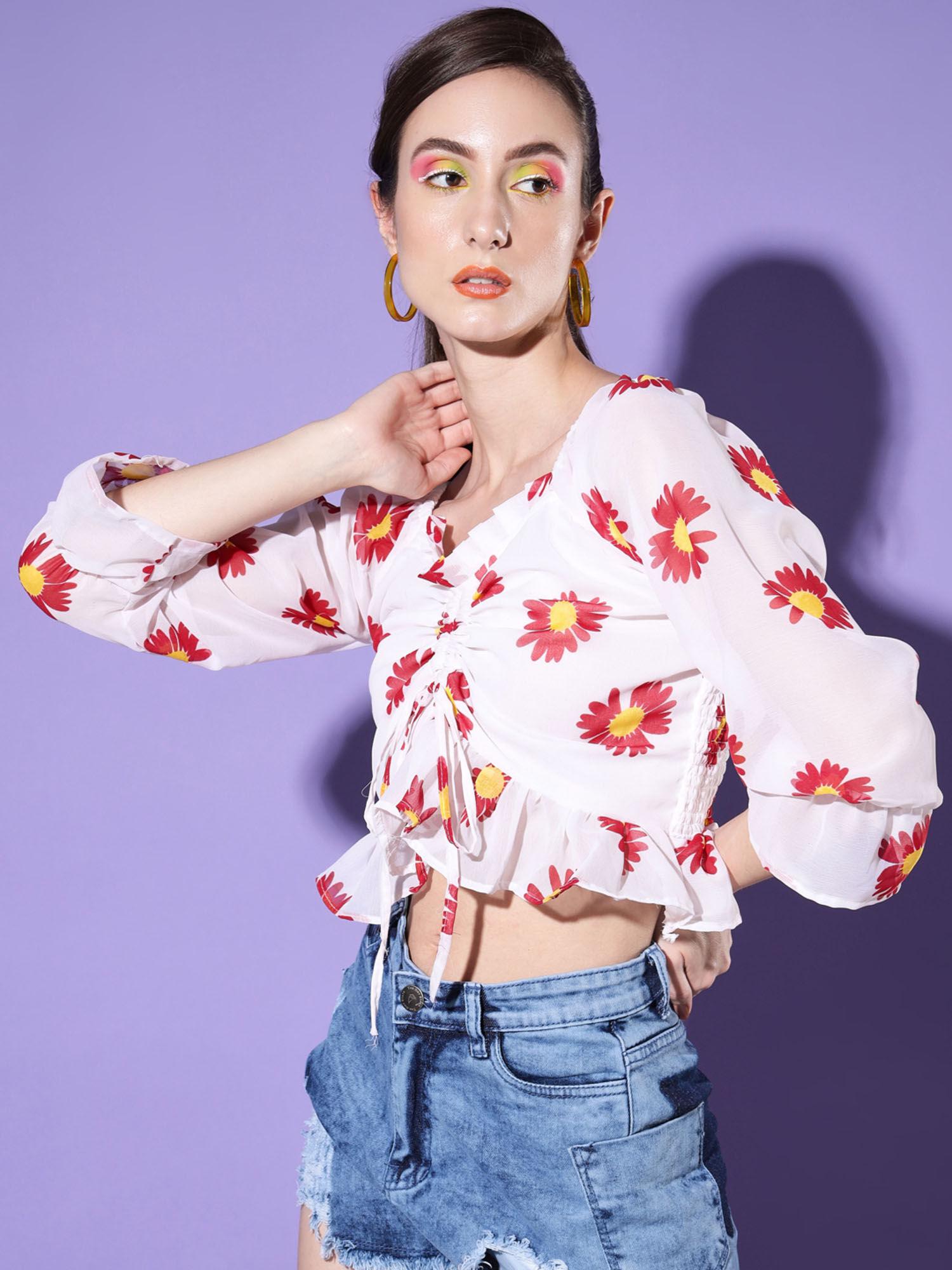 white red flower printed georgette crop top