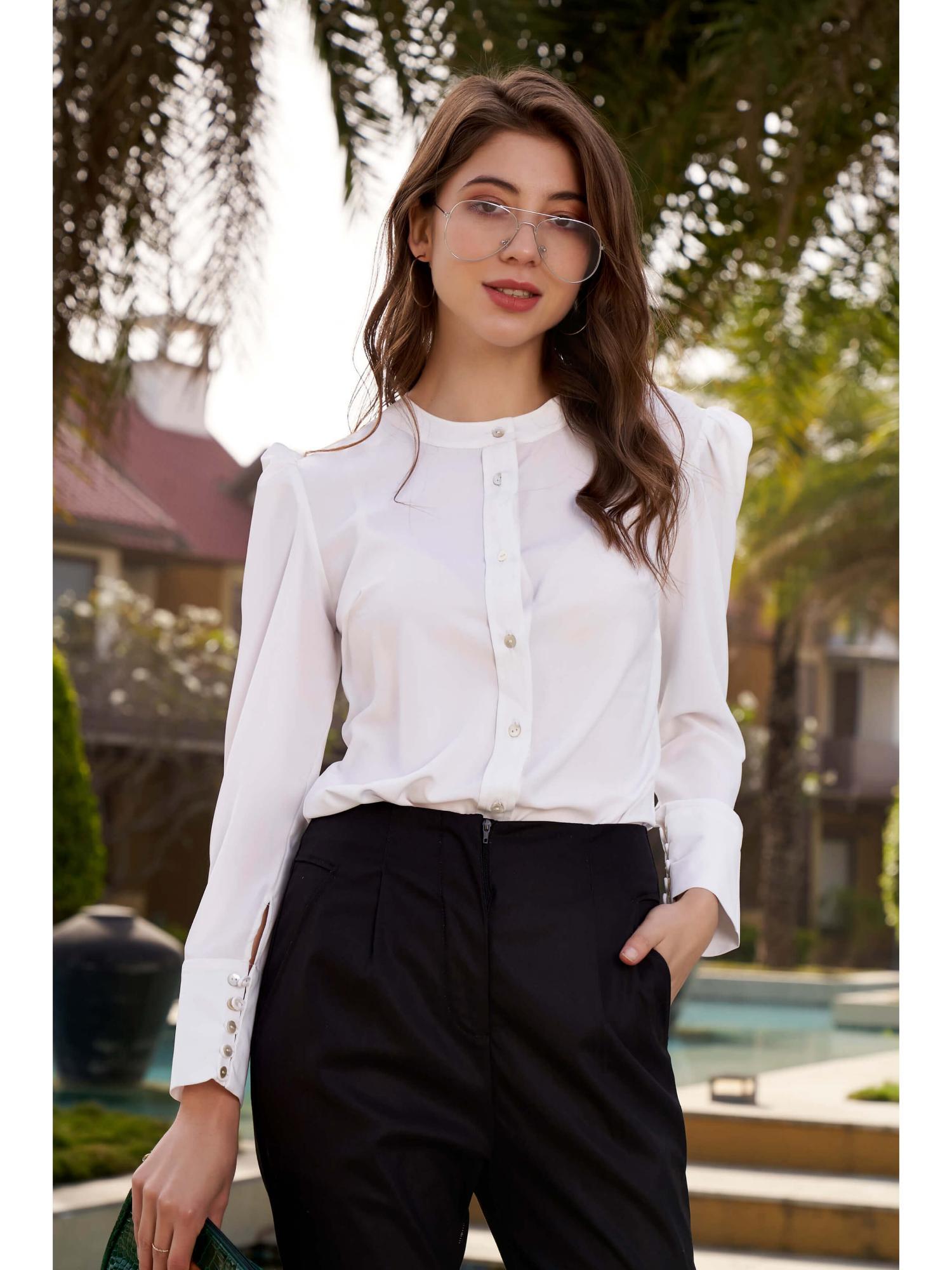 white regular fit puff sleeve shirt