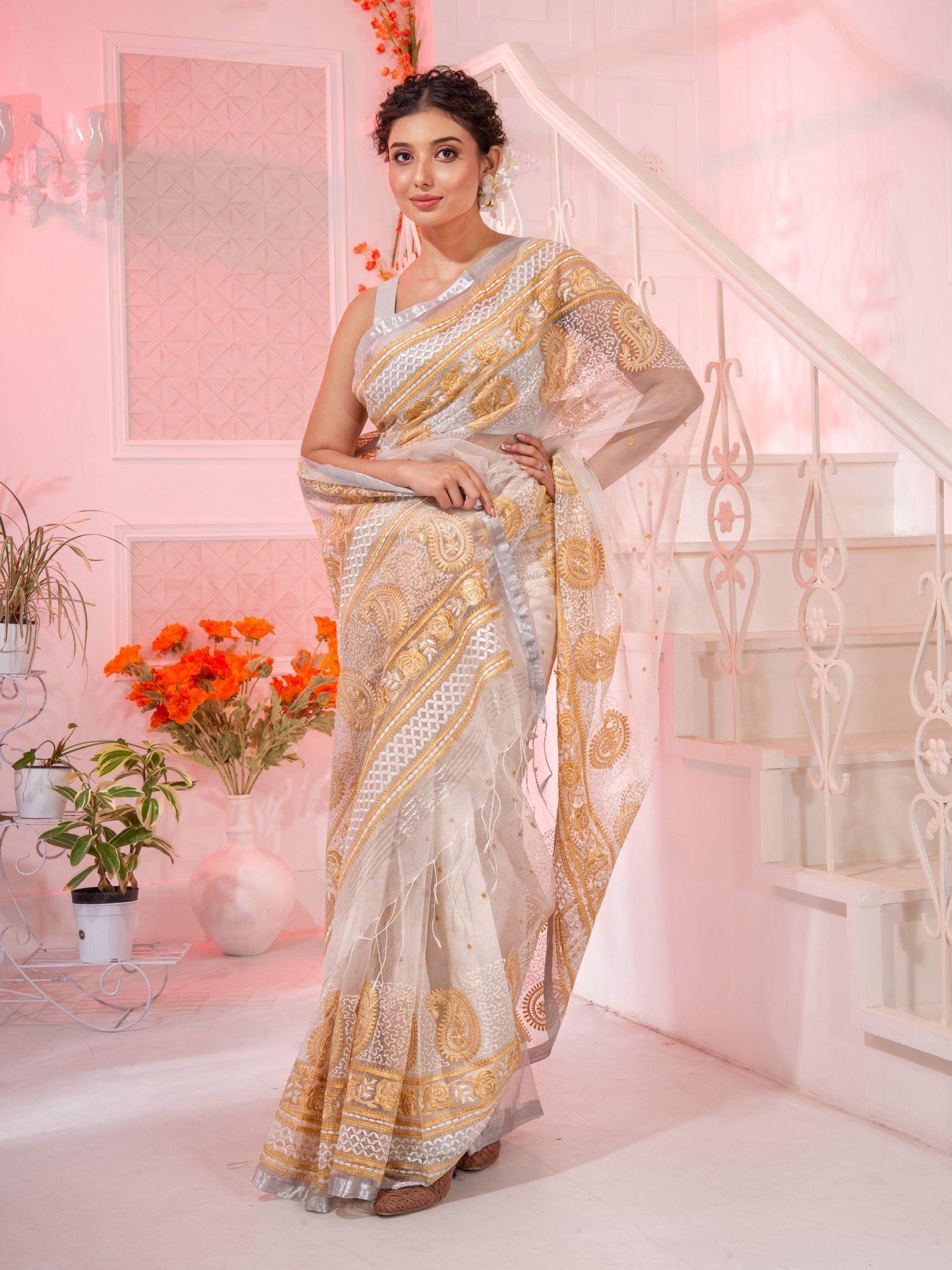 white resham silk handwoven soft saree with kolka border with unstitched blouse