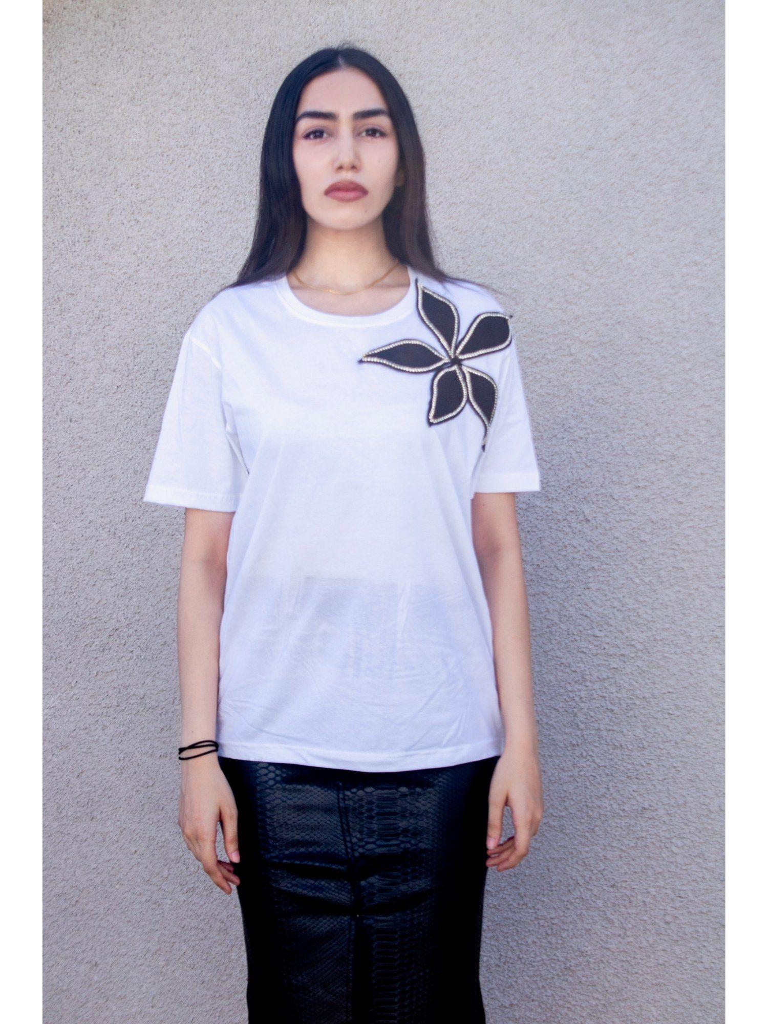 white rhinestone flower t-shirt