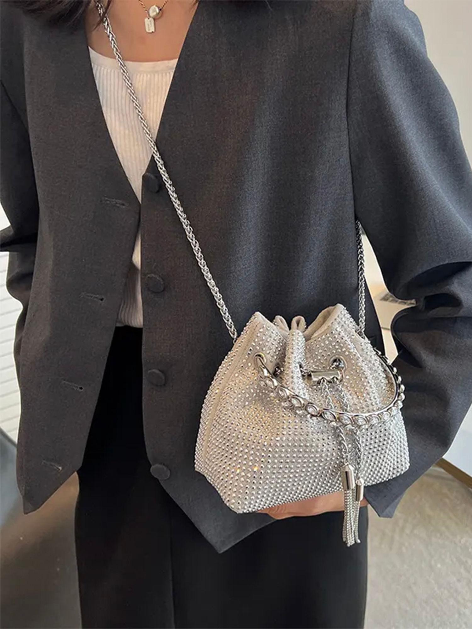 white rhinestone metal handle handbag