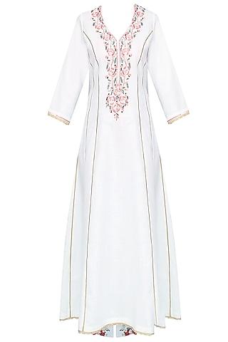 white rosette embroidered kalidaar kurta set with floral printed straight pants