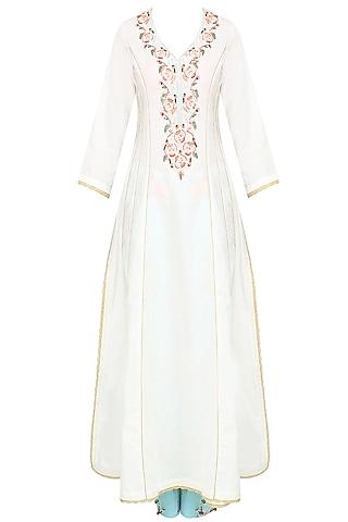 white rosette embroidered kalidaar kurta with floral pants