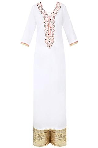 white rosette embroidered straight kurta set with floral printed broad pants