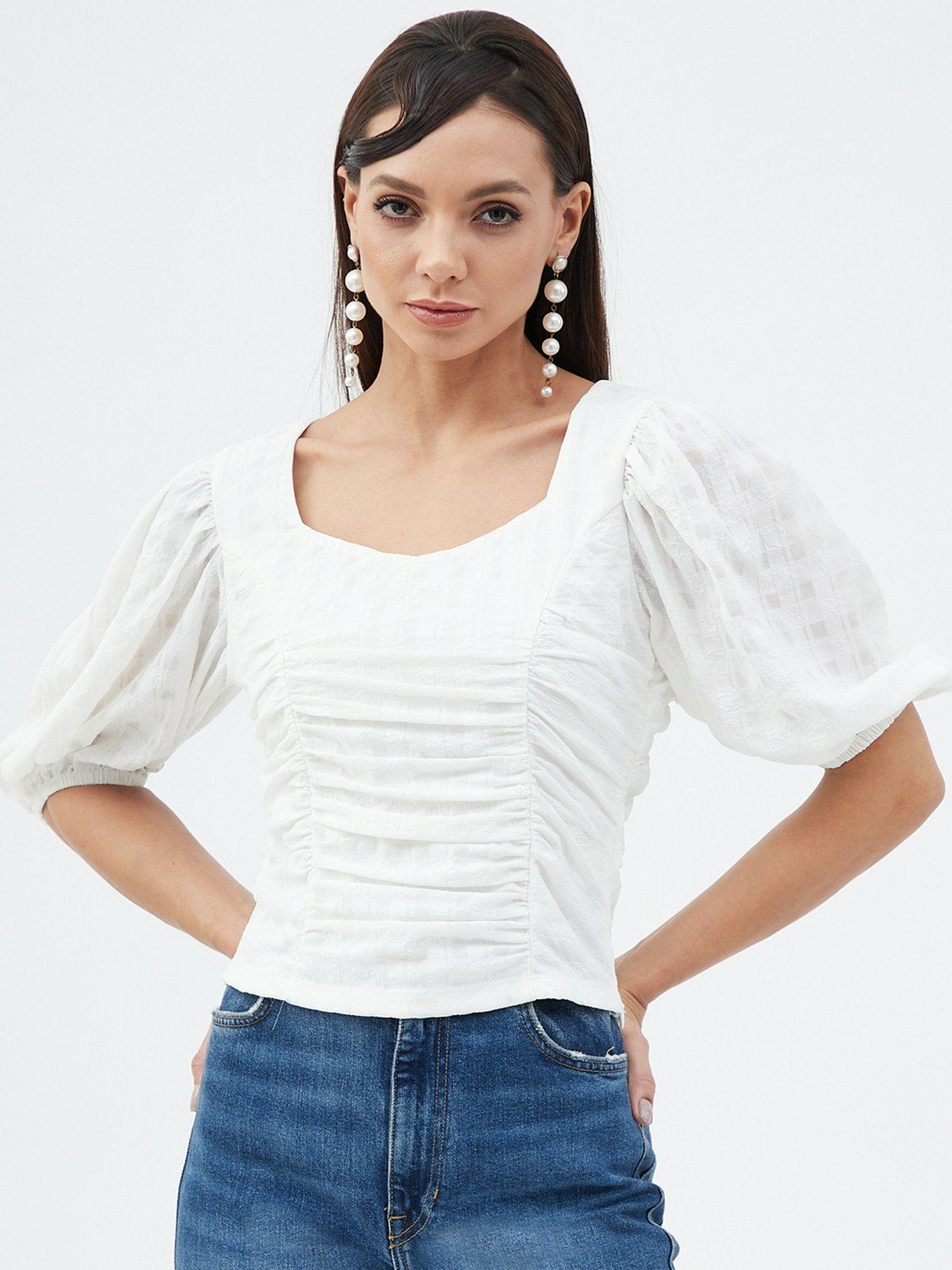 white round neck balloon sleeve top