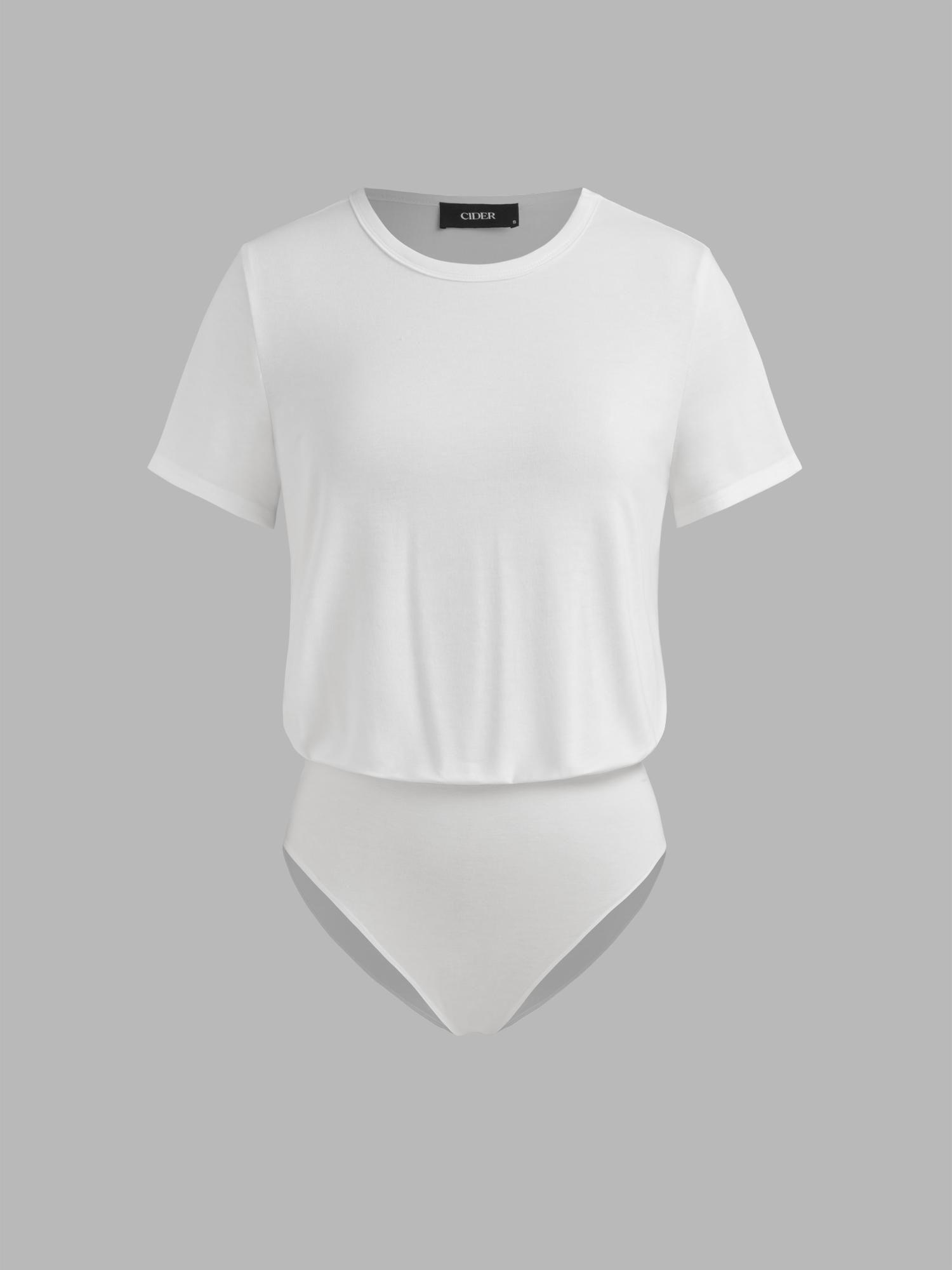 white round neck solid short sleeve bodysuit