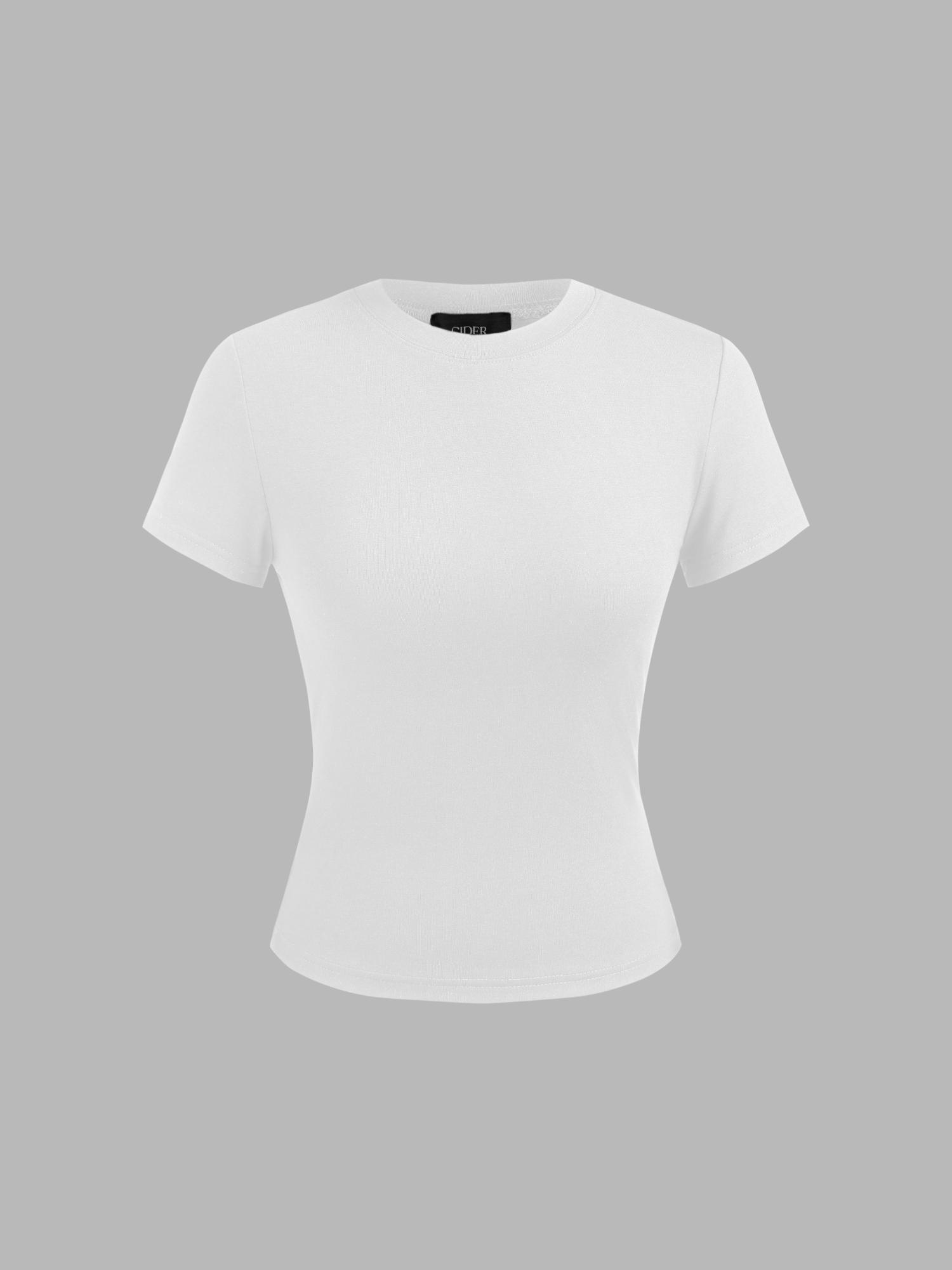 white round neckline knit short sleeve tee