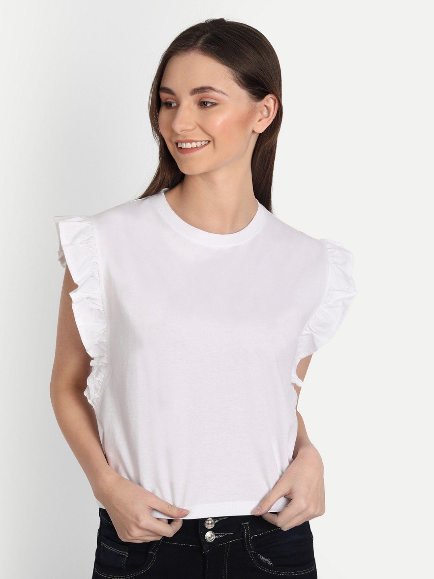 white ruffle cap sleeve top