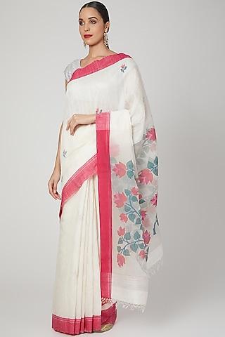 white saree set with jamdani floral motifs