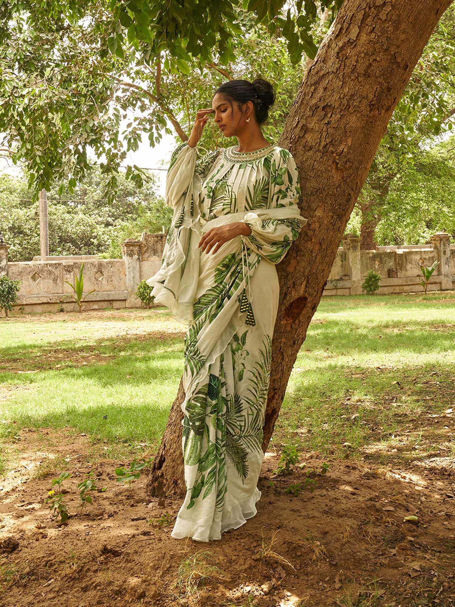 white saree with stitched blouse