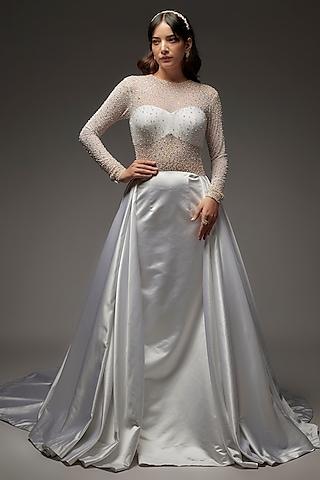 white satin & mesh hand embroidered gown