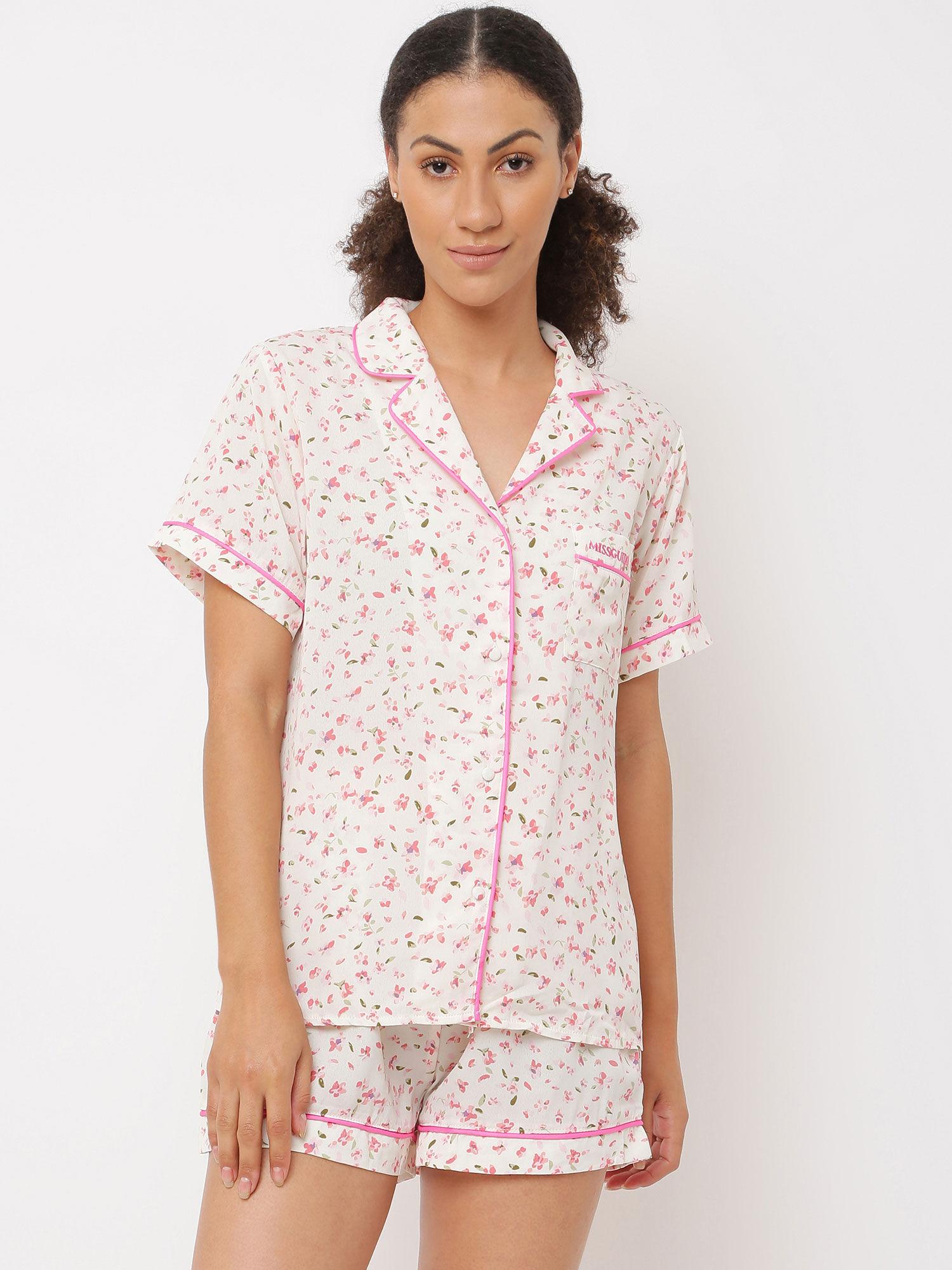 white satin floral print shirt and shorts pyjama set