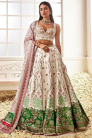 white satin floral printed & pearl lace embellished lehenga set