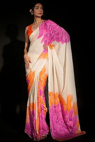 white satin georgette digital printed saree set