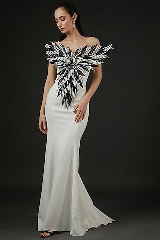 white satin hand embroidered gown