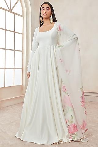 white satin kalidar anarkali set