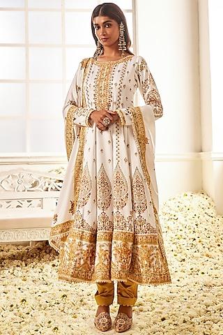 white satin printed & zari embellished anarkali set