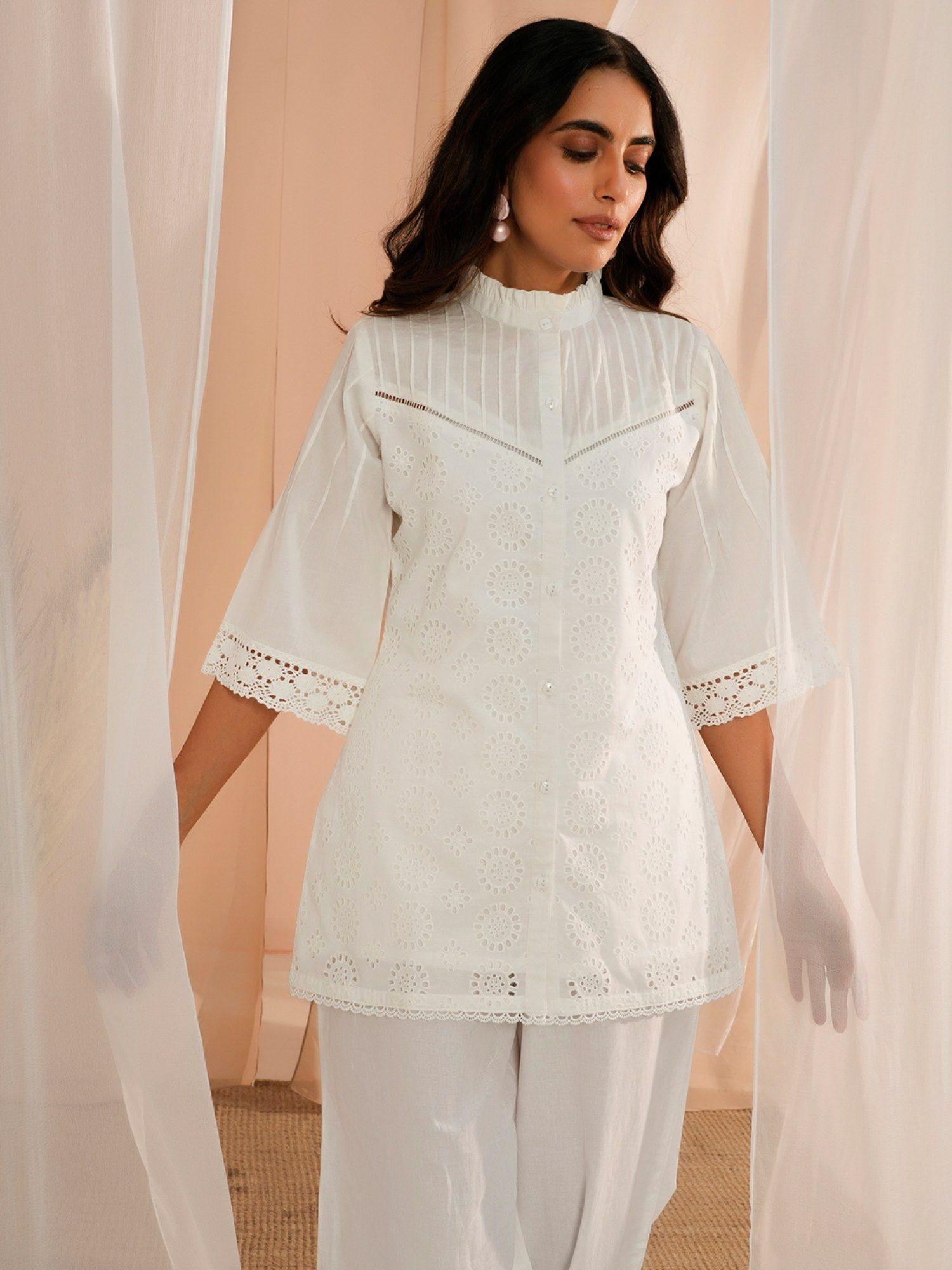 white schiffli cotton kurti with button placket & lining