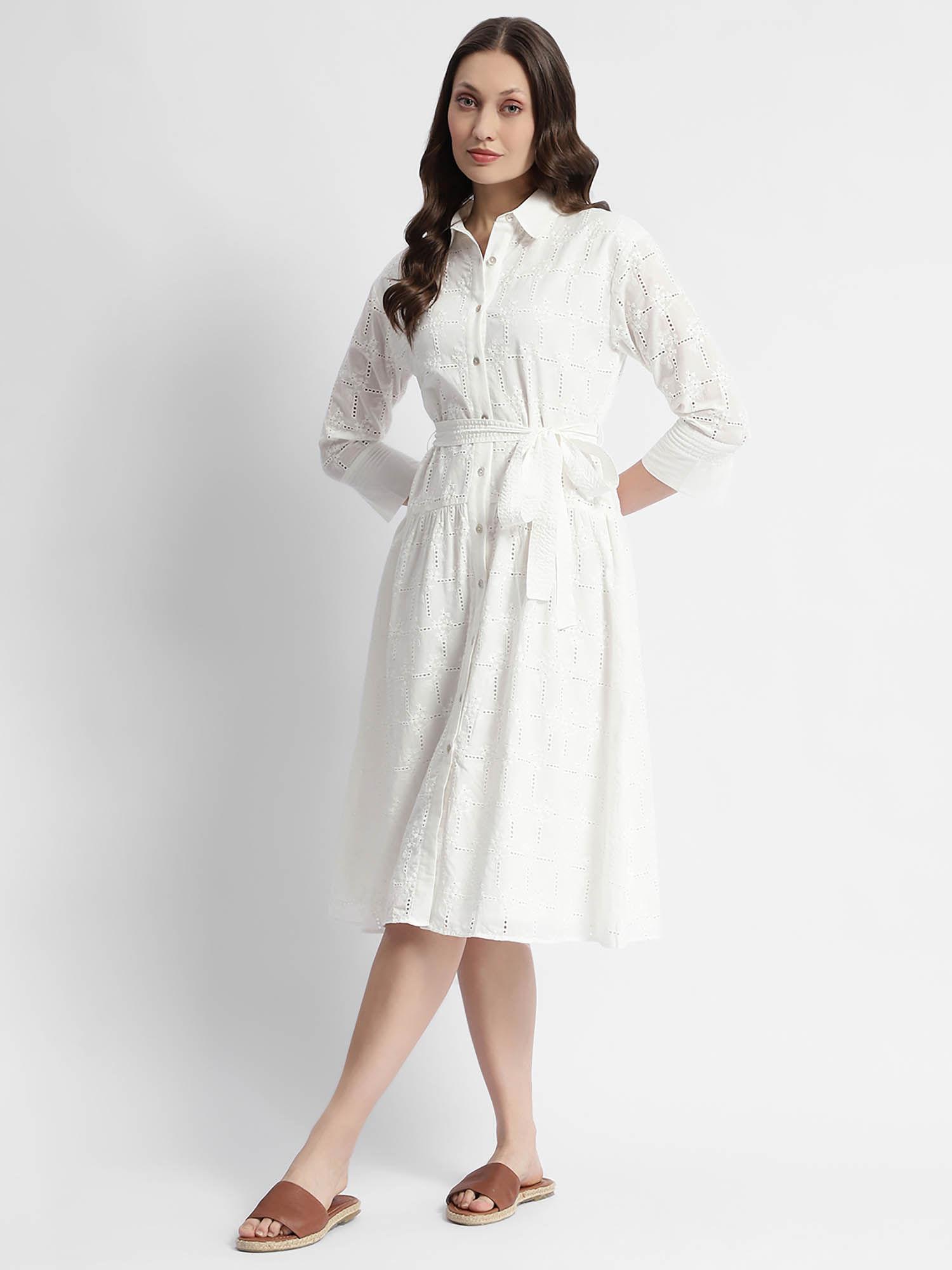 white schiffli self belted midi shirt dress (set of 2)