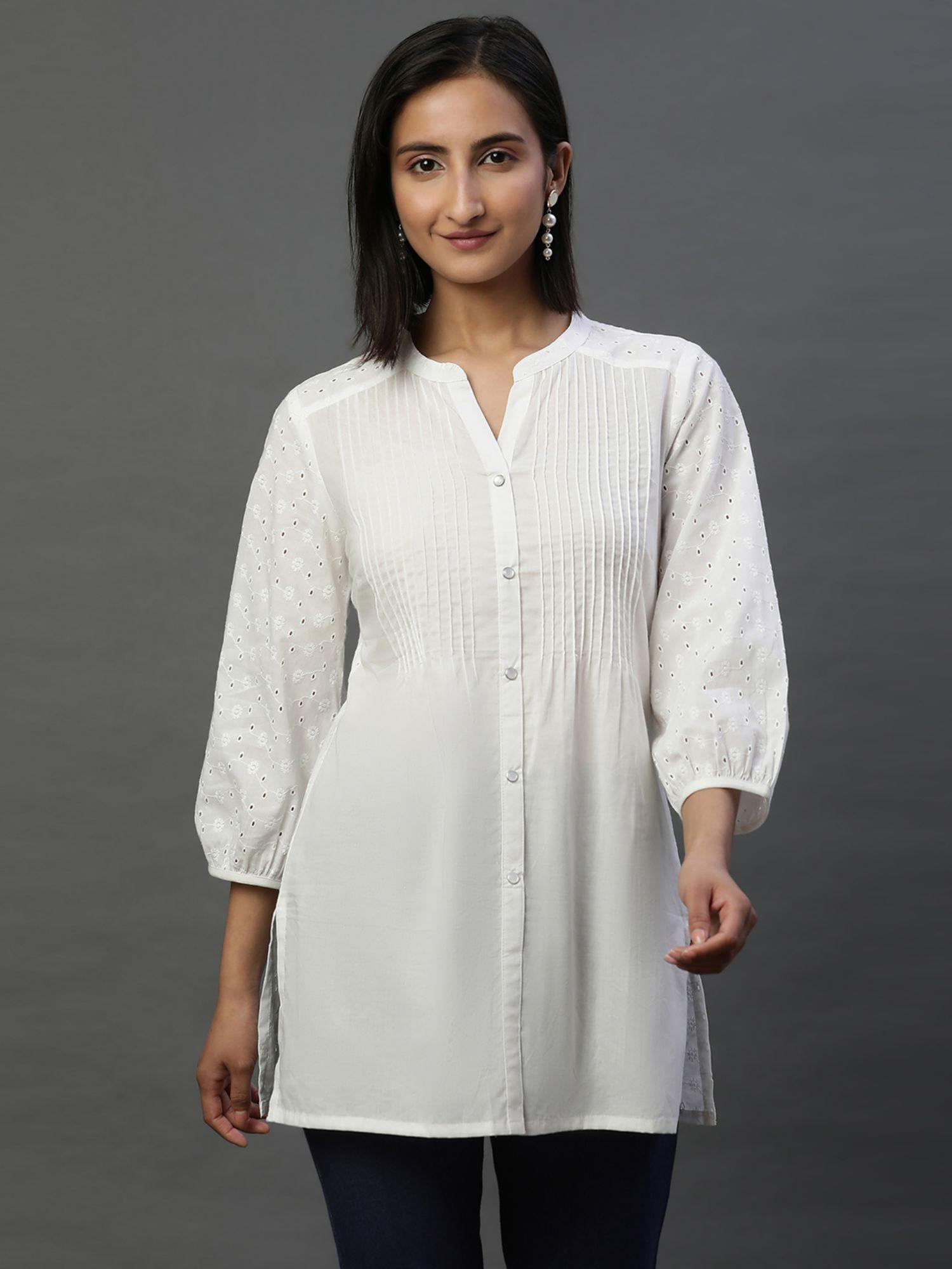 white schiffli short kurti with pintucks