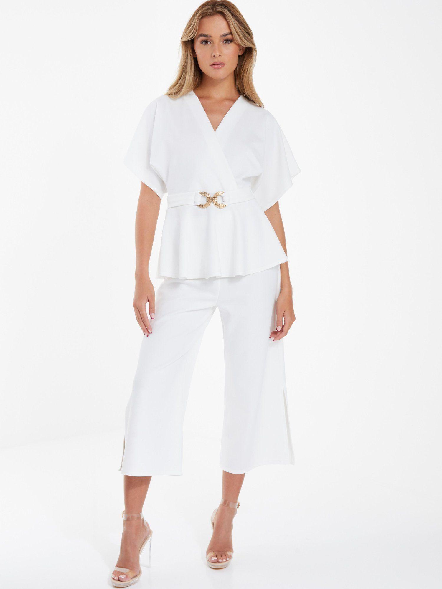 white scuba crepe batwing peplum top with buckle
