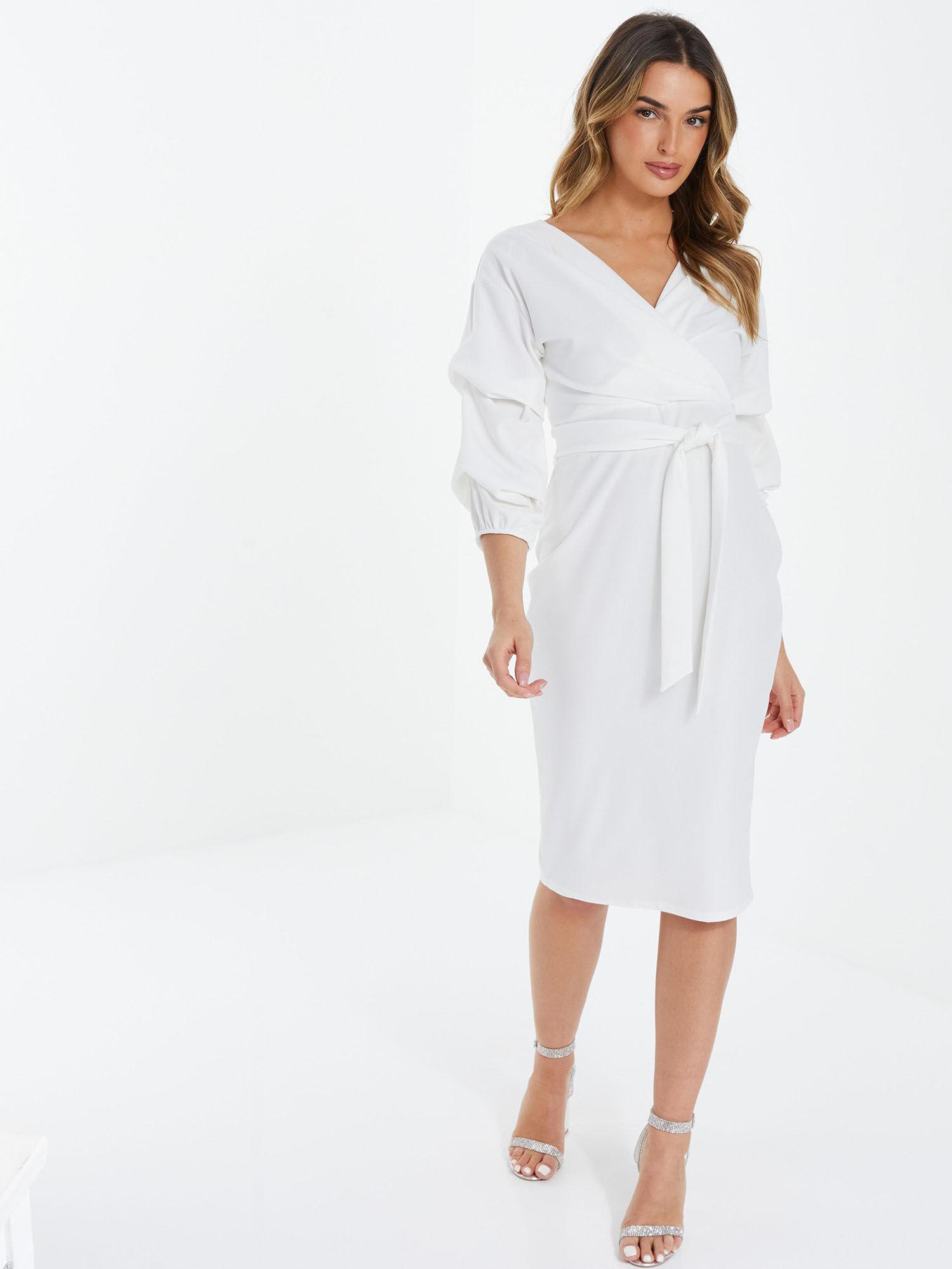 white scuba crepe ruched midi dress