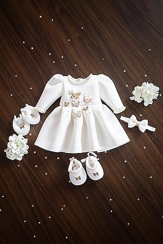 white scuba hand embroidered dress for girls