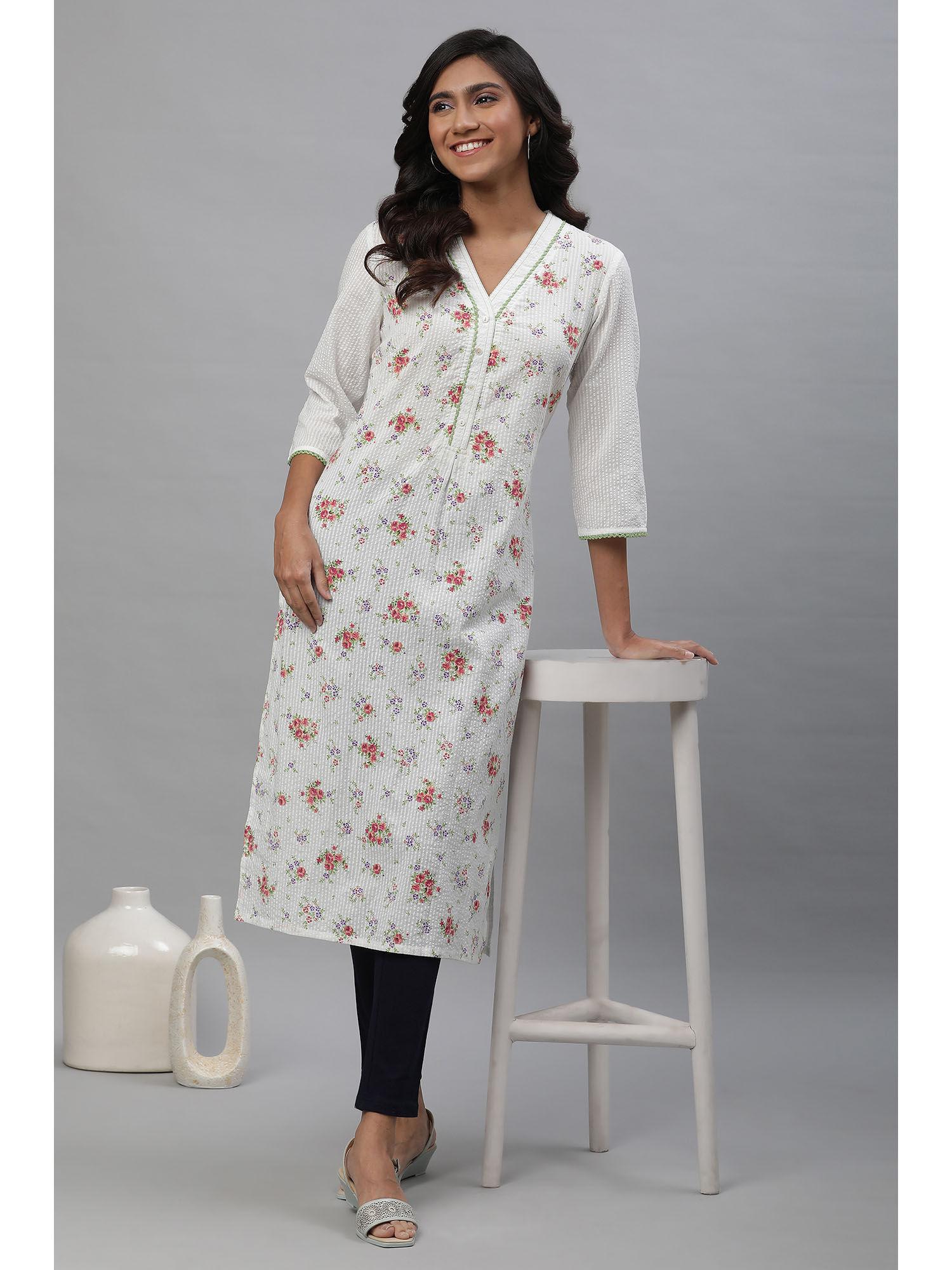 white seer sucker kurta with pink floral print