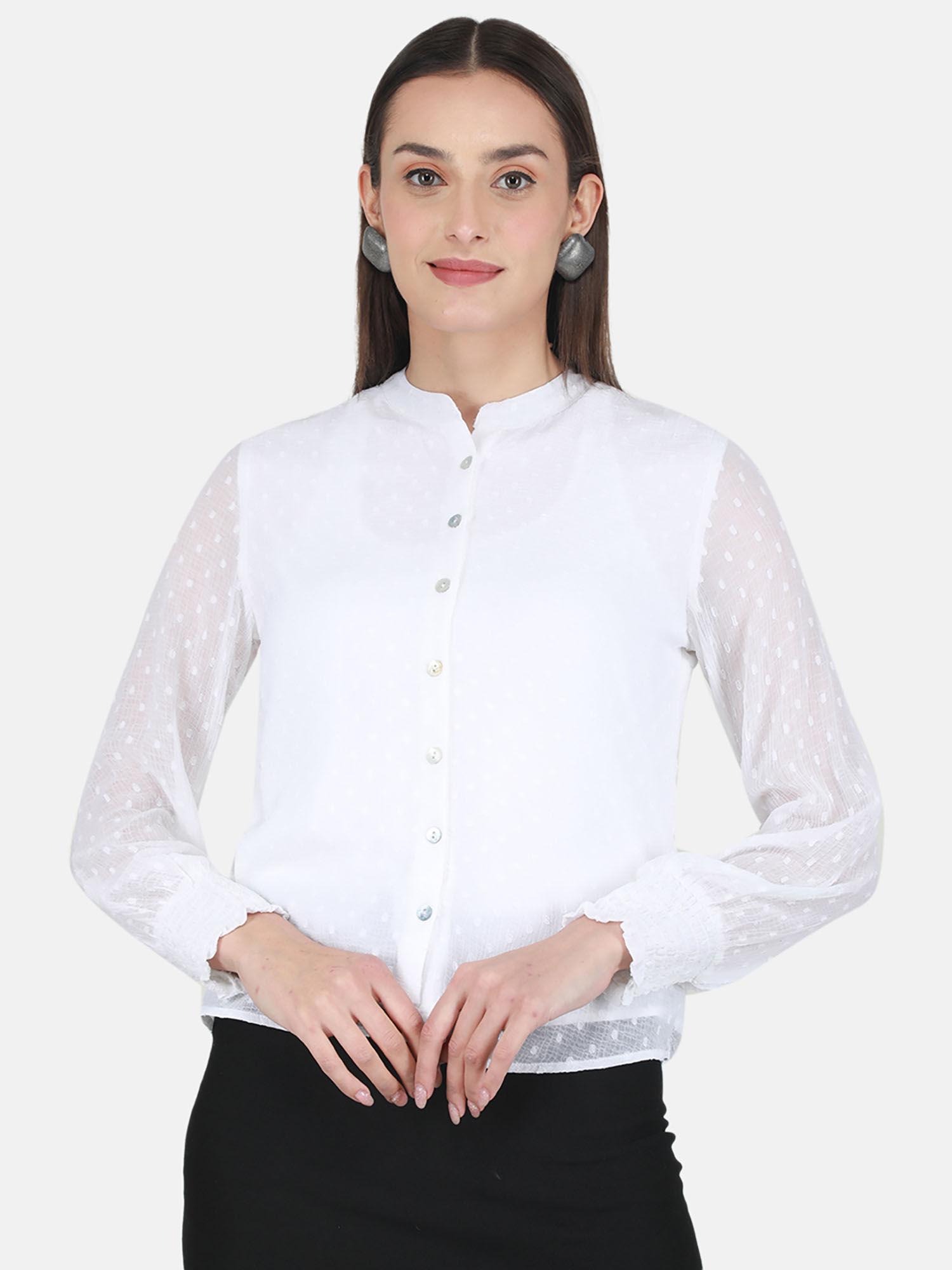 white self design band collar top