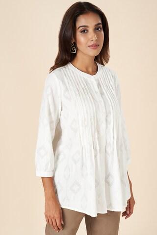 white self design casual 3/4th sleeves mandarin women regular fit  tunic