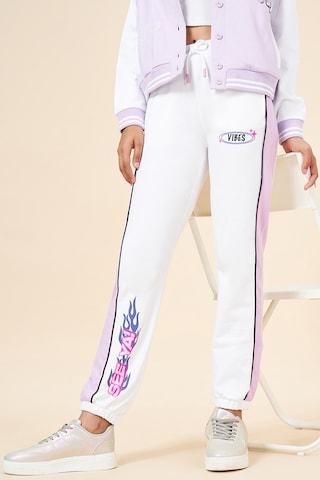 white self design cotton girls regular fit track pants