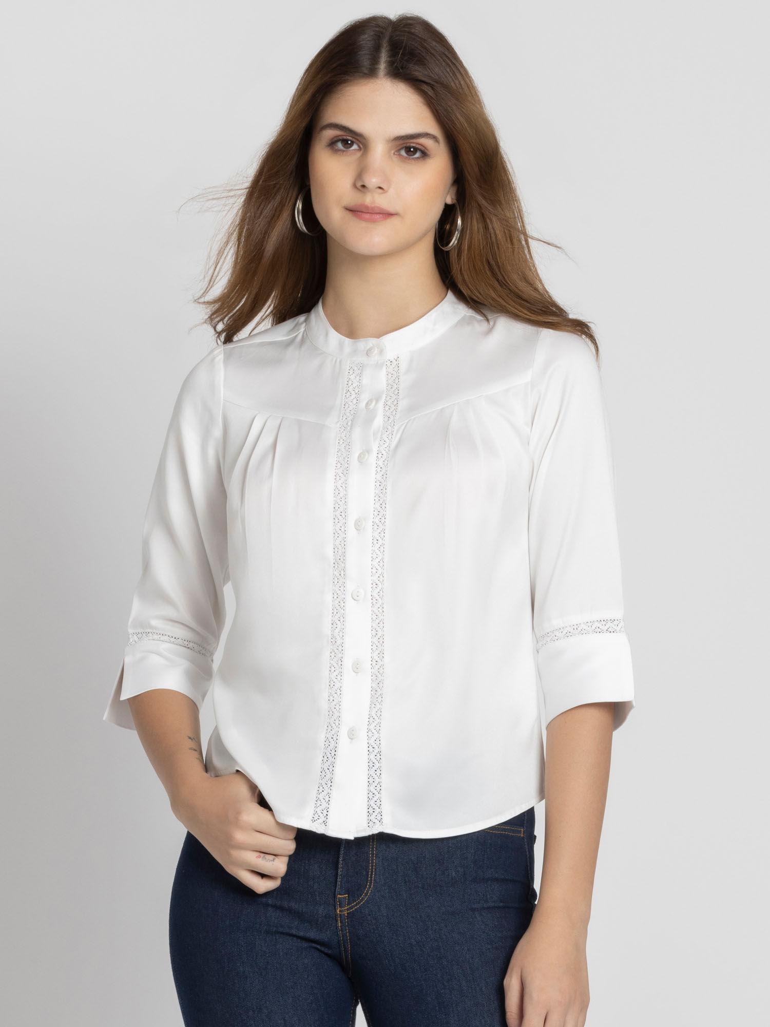 white self design three fourth sleeves casual shirts for women