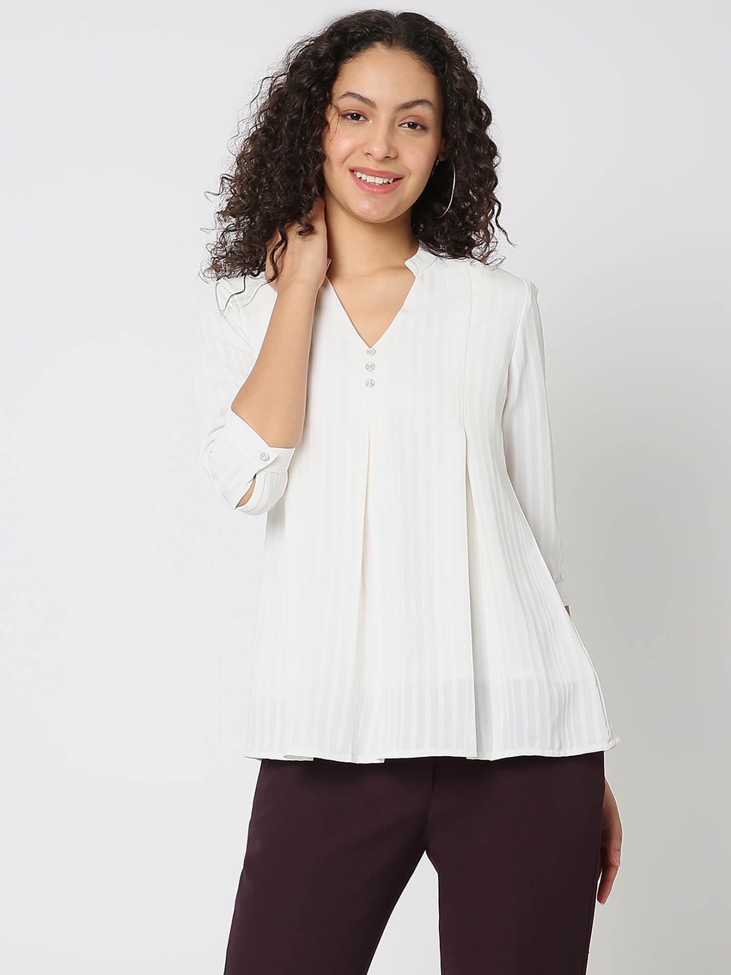 white self stripe mandarian neck neck top