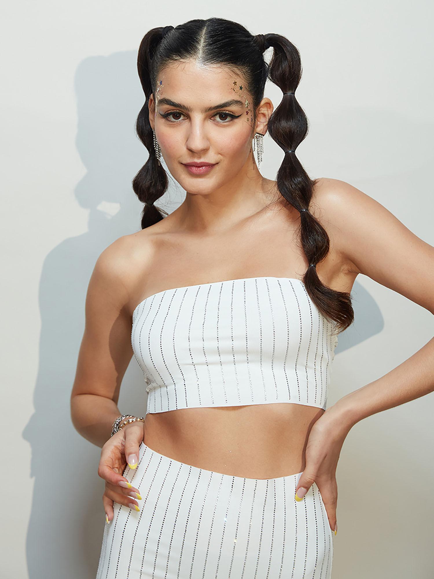 white sequin fitted tube top