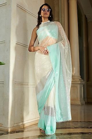 white sequins net saree set