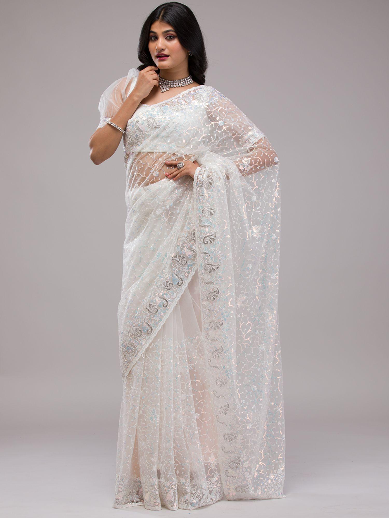 white sequins net saree with unstitched blouse