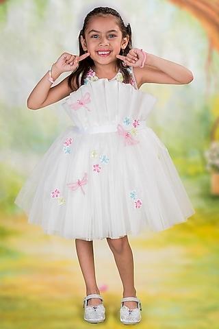 white shimmer net floral hand embroidered dress for girls