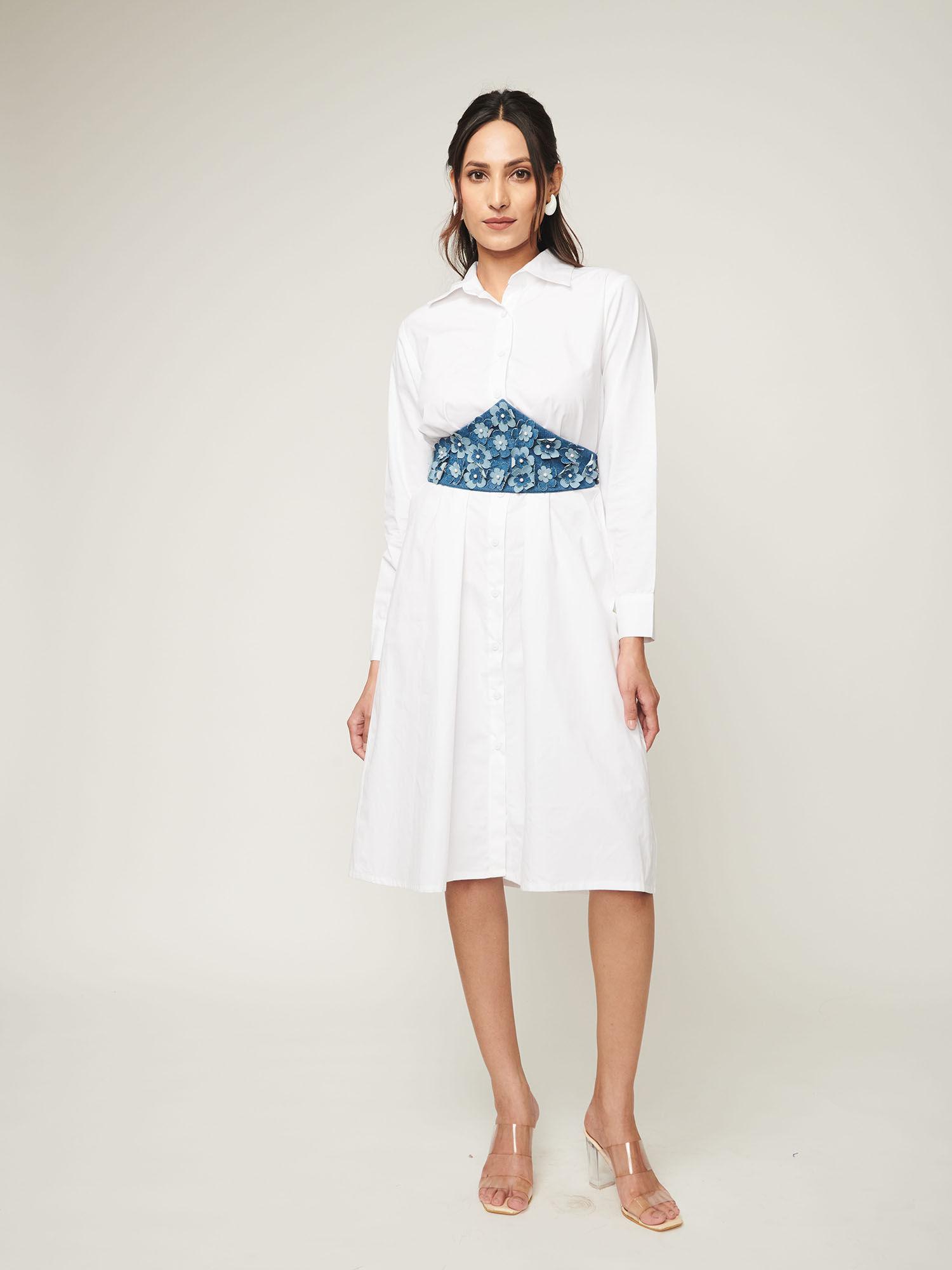 white shirt dress with denim flower belt (set of 2)