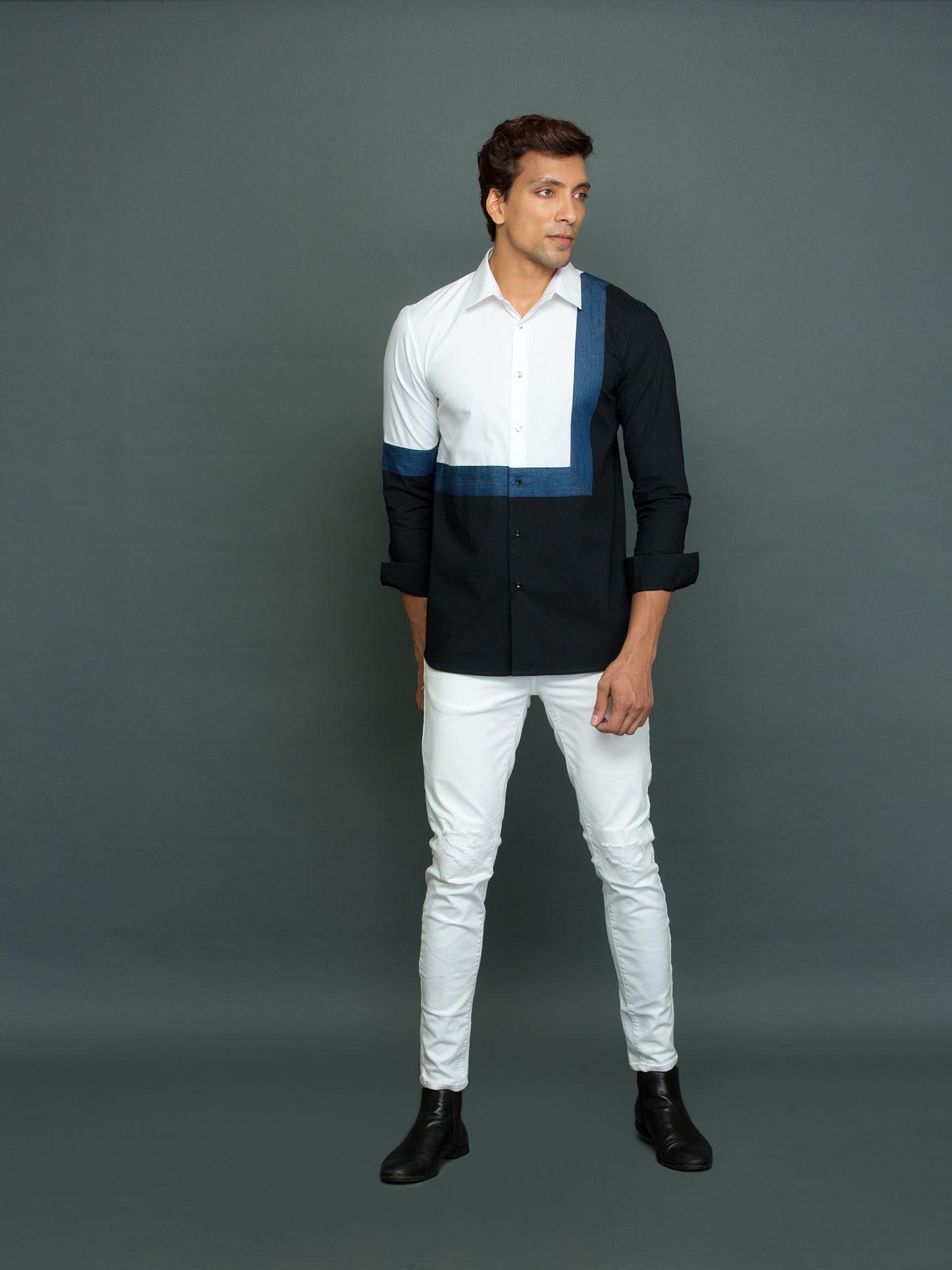 white shirt with denim square detail and black part