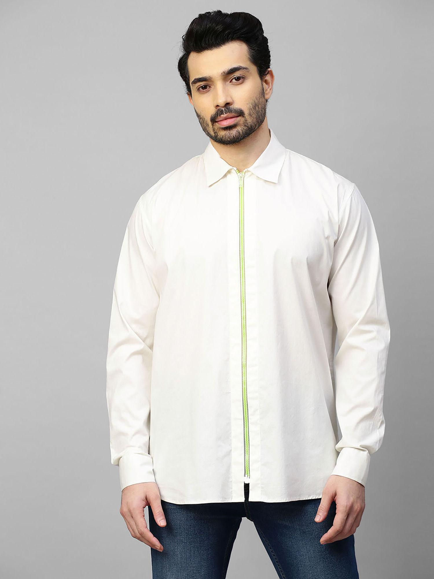 white shirt with neon zip detail and cross embellishment on the back