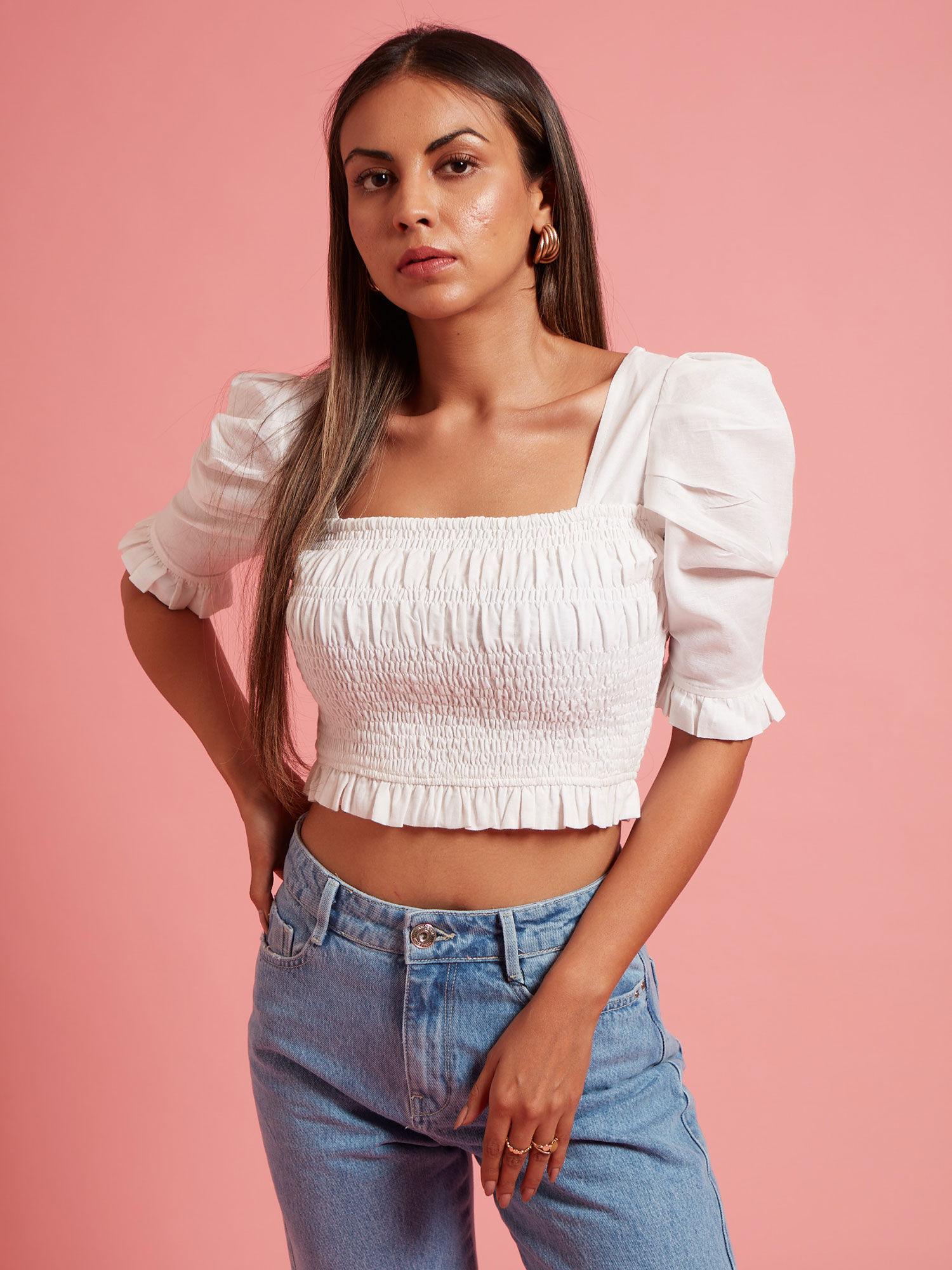 white short puff sleeve crop top