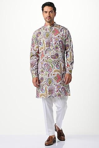 white silk & cotton printed kurta set