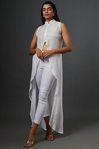 white silk asymmetric shrug dress