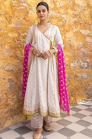 white silk blend zari embroidered anarkali set