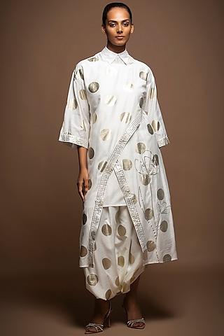 white silk chanderi polka overlapped tunic set