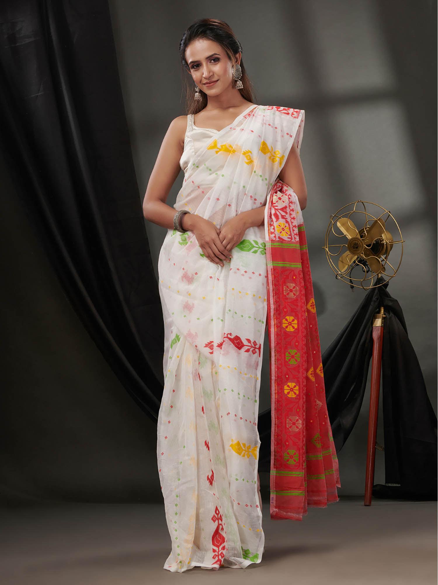 white silk cotton jamdhani handwoven saree without blouse & texture designs