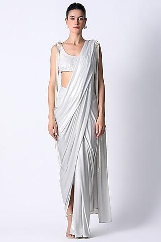 white silk draped saree set