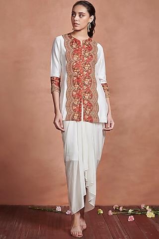 white silk embroidered kurta set