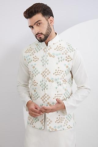 white silk embroidered nehru jacket