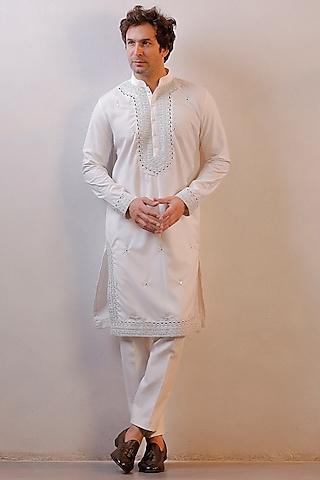 white silk kashmiri work kurta set